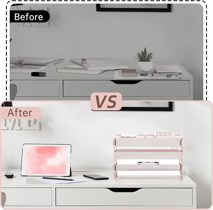 DALTACK 3 Tier Letter Tray Paper Organizer for Desk, Mesh Metal Desk File Organizer with Sliding Trays for Letter/A4 Paper, Mail, Bills & Folders, Pink
