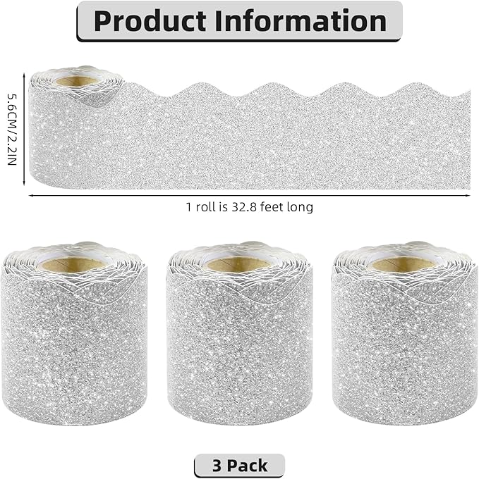 3 Rolls 98.4 Ft Glitter Bulletin Board Borders Set - Silver Bulletin Board Decorations for Classroom, Office，School Supplies & Home DIY - Perfect for Teachers, Posters & Birthday Party Decor