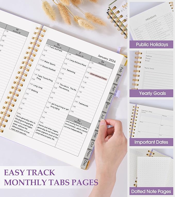 2026 Planner, Weekly and Monthly Calendar Planner from January 2026 - December 2026, 8.5" x 11" Hardcover Leather Hourly Appointment Book with Tabs, Spiral Daily Planners for College School Work Home, Purple