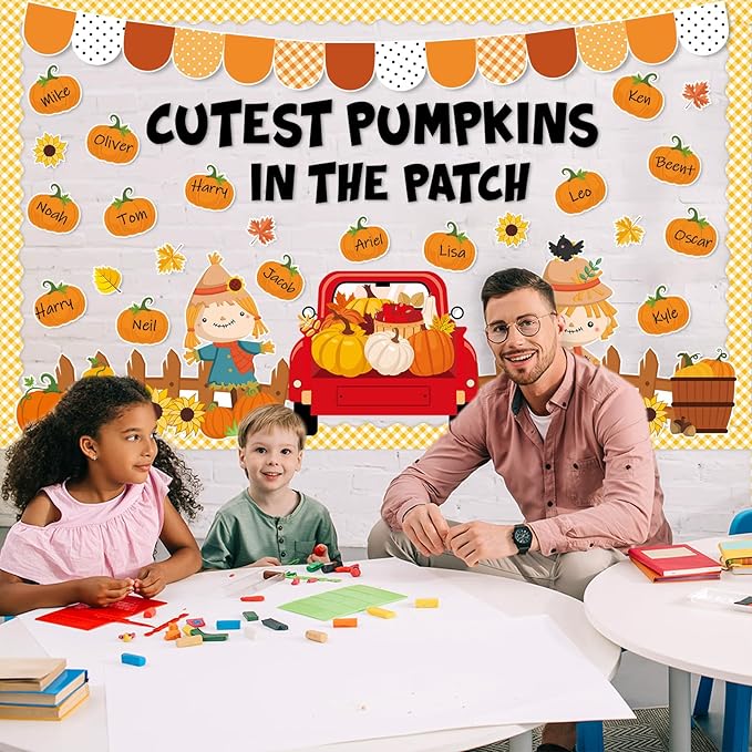 gisgfim Fall Thanksgiving Classroom Bulletin Board Decorations Set Autumn Cutest Pumpkins in The Patch Cutouts Fall Harvest Truck Maple Leaves Bulletin Board Decor for School Home Chalkboard Wall