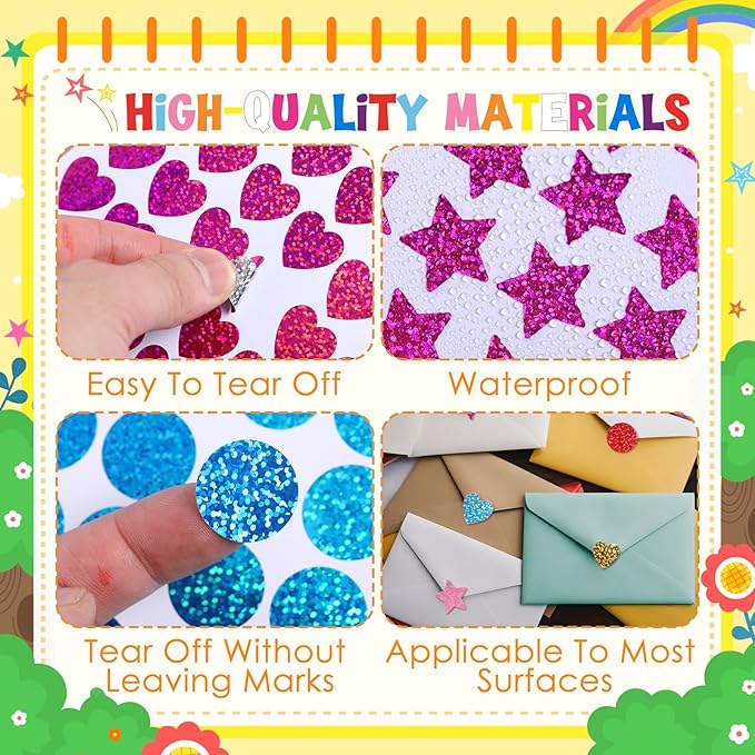 3320 Pcs Large Sparkly Multi Color Geometric Stickers 0.79&1.2in Round Heart Squares Star for Behavior Chart,Crafts Kids Reward DIY Student Classrooms Art Projects Offices