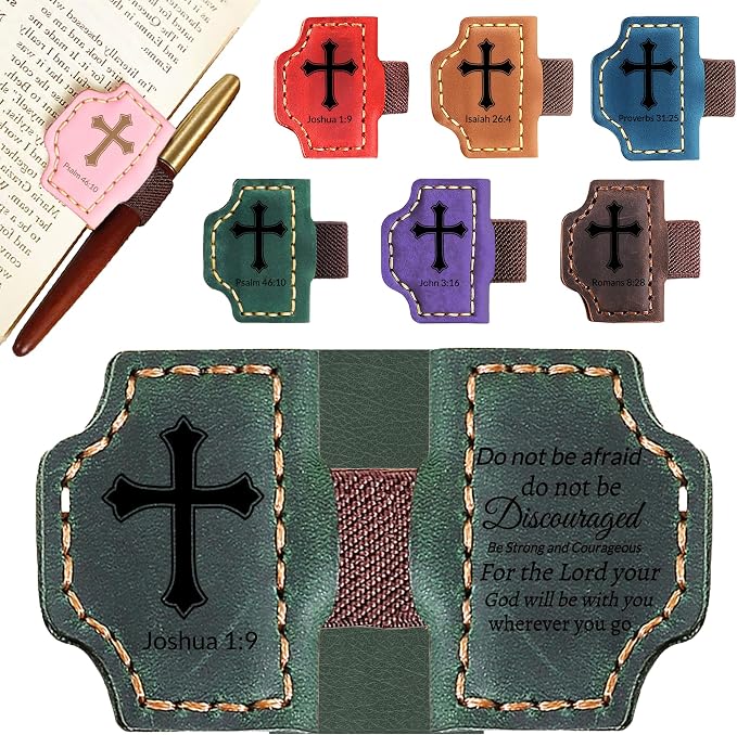 Personalized Leather Bookmark with Pen Holder - Magnetic Bible Verse Design, Christian Book Lovers Reading Accessory, for Book Lovers Men Women (Green, Joshua 1:9)