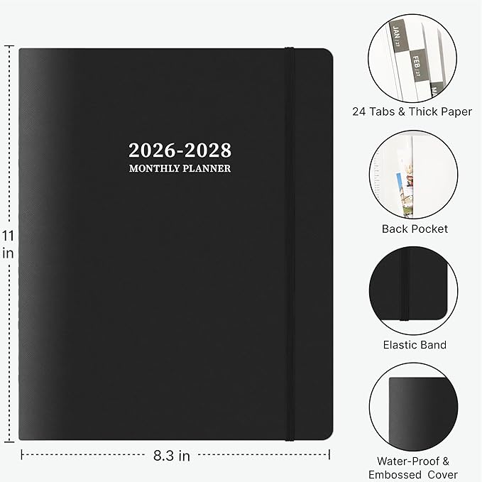 2026-2028 Monthly Planner, 2 Year Calendar Planner, Jul 2026 - Jun 2028, 8.3'' x 11'', 24 Months, Embossed Cover, with Printed Tabs ＆Pocket, Elastic Closure, Organizer for Office Home School, Black