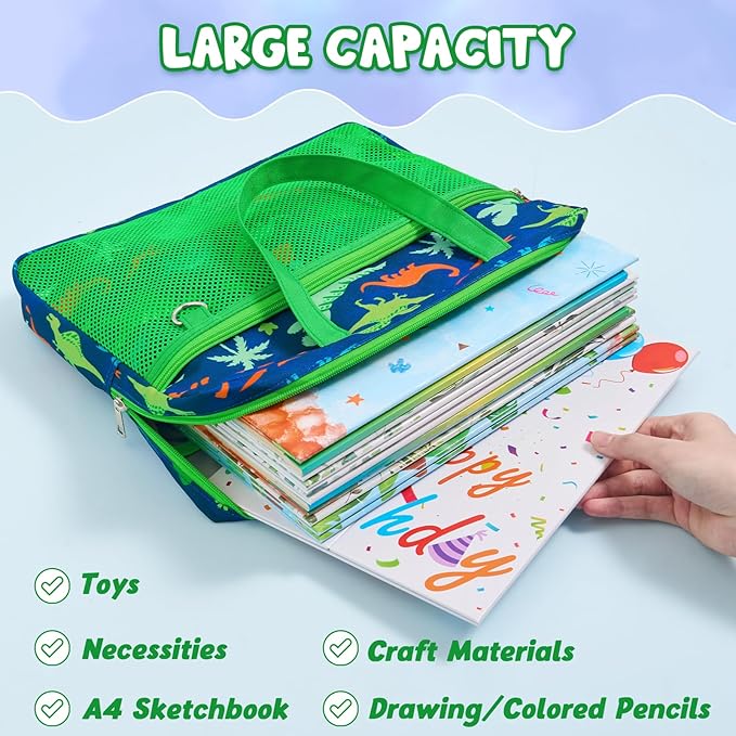 WAWSAM Dinosaur Kids Mesh Zipper Pouch, File Organizer Folders with Pocket | 13.78" x 11.42" Waterproof File Folder for Boys with Handle, Document Organizer for School, Books, Travel, Home Storage