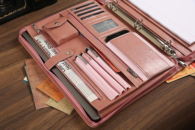 Pink Leather Padfolio for Women, Business Leather Binder 3 Ring Portfolio, Personalzied Leather Portfolio Binder (Pink, Custom)