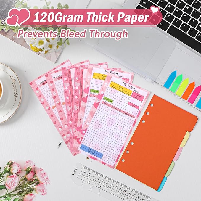Toplive 7 Pack A6 Planner Inserts Monthly Weekly Planner Refills Expense Budget Sheets with Money Cash Envelopes Divider Today Ruler Stickers for A6 Binder Cover Organizer, Pink