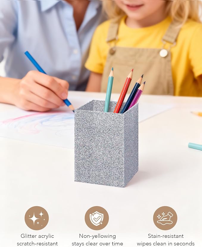 Siler Glitter Acrylic Pen Holder, Acrylic Makeup Brush Storage Organizer, Pencil Pen Holder for Desk, Modern Desktop Accessories for Office School Home Supplies