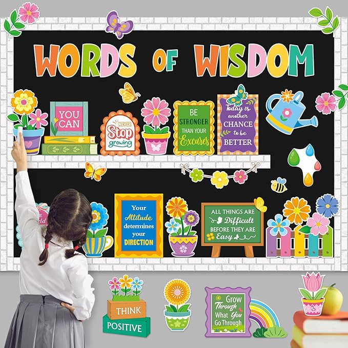 Mooliwe 57 Pcs Spring Floral Bulletin Board Set Inspirational Flower Bulletin Board Decoration Positive Cutout Classroom Decoration for School Office Home Teacher Classroom Wall Supplies