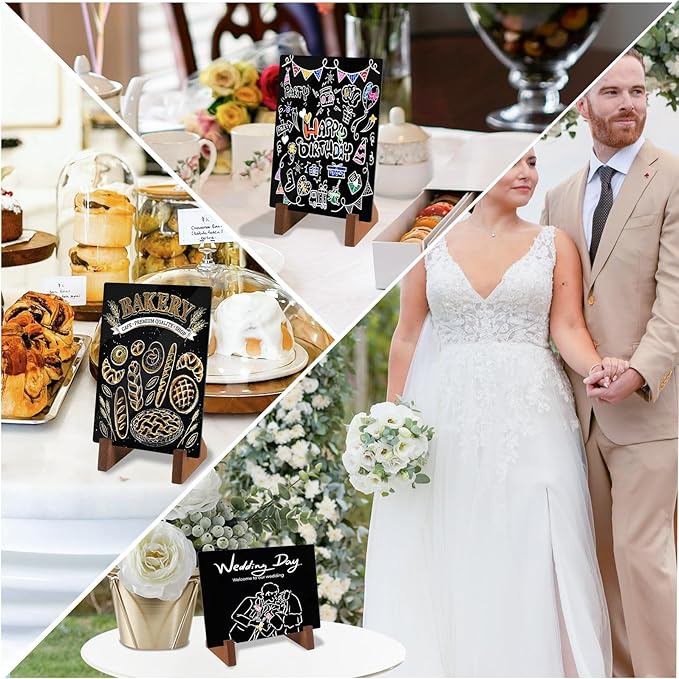 Double-Side Small Chalkboard Painting Sign 5x7 Inch with Wood Holder for Table Display, Coffee/Restaurant Menu Message Board, Number Holder Party Decorations with 12 Color Pens and 1 Clip