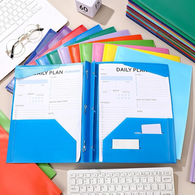 Tenceur 48 Pack Plastic Folders with 3 Prongs Bulk Heavy Duty Folders with Clear Front Pockets and Card Slots with Fasteners Fit Letter-Size Papers for Work School Office (Stylish Colors)