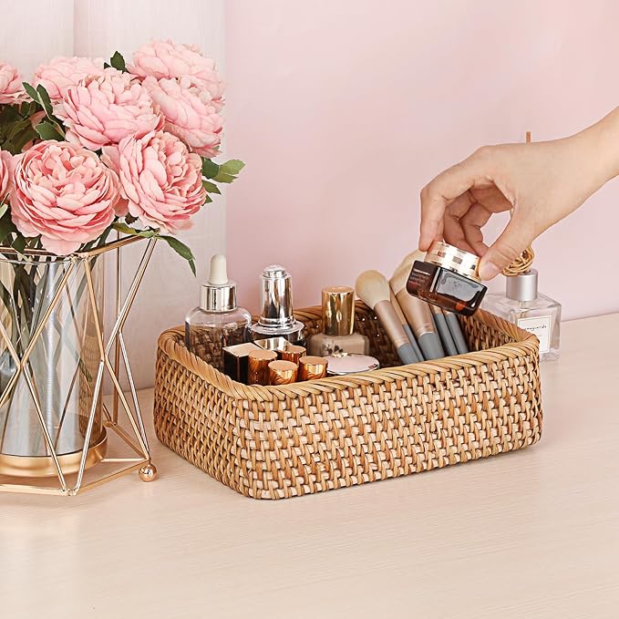 BTSKY Small Remote Basket for Coffee Table Entryway Living Room Rattan Serving Tray 9.6'' x 6.5'' Handwoven Wicker Baskets Decorative Tray for Wallet Remote Control Trinkets Rings Cosmetics Crackers
