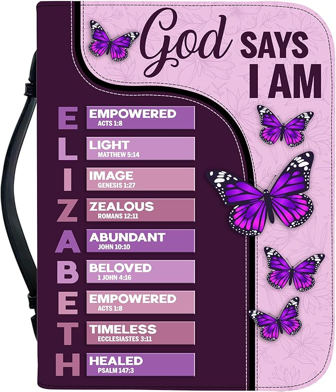 Custom Leather Bible Cover with Name – Personalized Bible Case for Women, Zippered with Handle, Bookmark & Storage Pockets, Christian Gift for Mom, Daughter, Grandma (Name - God Says I Am, M-2XL)