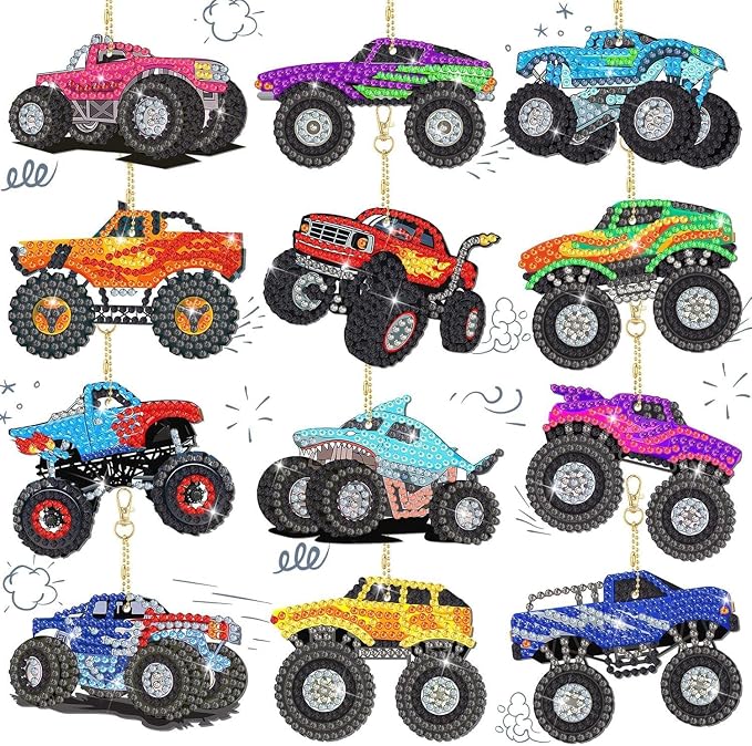 Anserdrm 12 Pcs Diamond Art Bookmarks Kit - DIY Trucks Paint with Diamonds Bookmarks with Pendant, Arts and Crafts for Adults, Perfect Craft Gifts