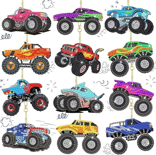 Anserdrm 12 Pcs Diamond Art Bookmarks Kit - DIY Trucks Paint with Diamonds Bookmarks with Pendant, Arts and Crafts for Adults, Perfect Craft Gifts
