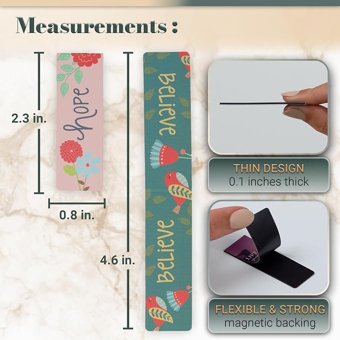 Christian Art Gifts Magnetic Scripture Bookmark Set with Encourangements Faith Hope Love Believe - Inspirational Floral Magnetic Bible Verse Pagemarker Set of 6 for Bibles and Books, Size 2.3” x 0.8”