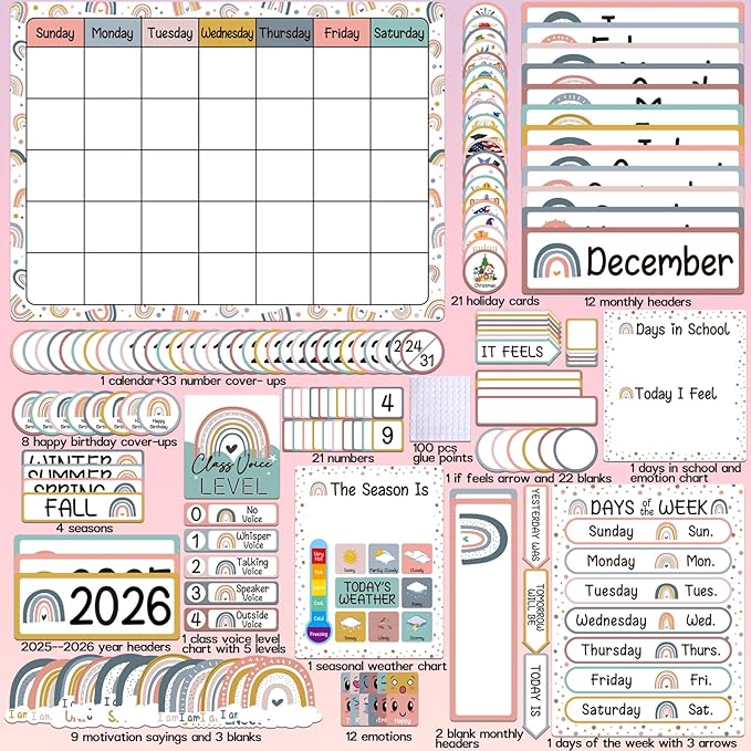 BelleAngle Boho Rainbow Calendar Bulletin Board Set with Seasons, Festival, Weather and Days of The Week for Classroom Home Decoration Supplies