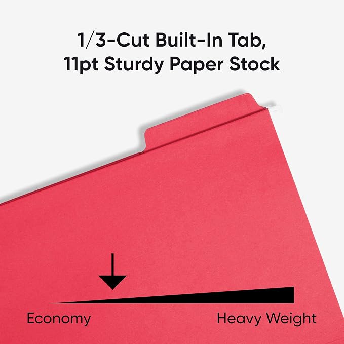 Smead FasTab Hanging File Folder, 1/3-Cut Built-in Tab, Letter Size, Red, 20 Count (64096)