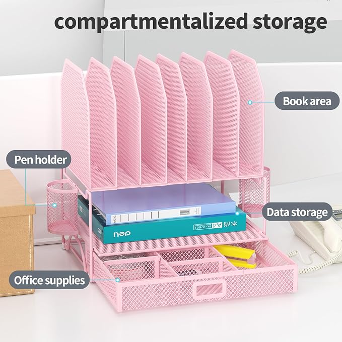 FANXIYQ Metal Desk Organizer with Sliding Drawer, 7-Section File Organizer for Desk, Desktop File Folder & Paper Organizer with 2 Hanging Pen Holders, Office Supplies Organizer, Pink