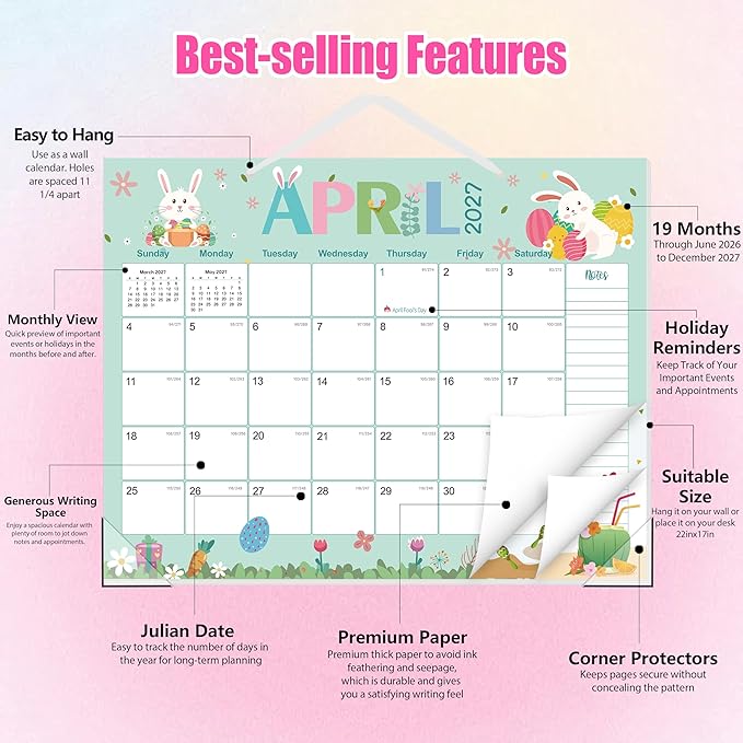 GuassLee Desk Calendar 2026-2027 Large 22" x 17" Desktop/Wall Monthly Calendar 19-Month School Year Planner Covers June 2026 to December 2027 with Julian Date&Notes for Easy Organizing
