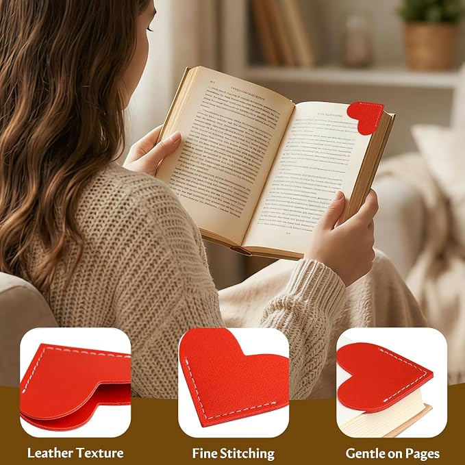 6 Pcs Cute Leather Heart Bookmarks, Book Marks for Reading Women Teachers Book Lovers Kids Students Book Accessories, Bookish Gifts for Women Friends Girls Office, Stocking Stuffers for Women Readers