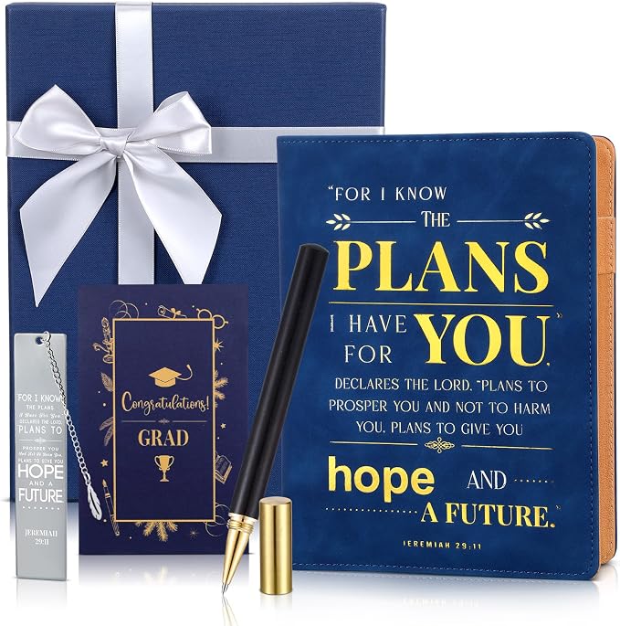 ReliThick 2026 Congrats Grad Gift Basket for Her Him Christian Leather Journal Notebook Metal Bible Bookmark Signature Pen Graduation Card for Class of 2026 Congratulations Gift(Blue Box,for I Know)