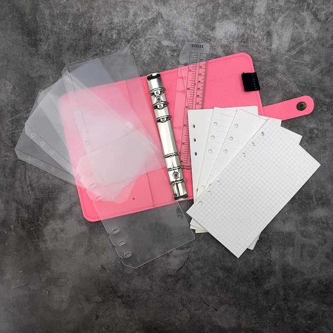 A6/ A5 6-Holes Felt Cover Round Ring View Binder File Folder for Loose Leaf Sheet Protectors/Notebook Refill/DIY Scrapbooking/Binder Cover Protector (Tender Pink, A6 Combo)