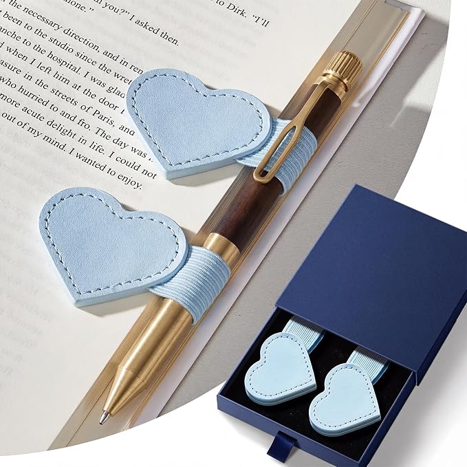 2Pcs Magnetic Leather Bookmarks with Gift Box, Heart-Shaped Magnetic Pen Holder Book Marks Clip Gift for Book Lover Readers Cute Bookmark for Women, Light Blue