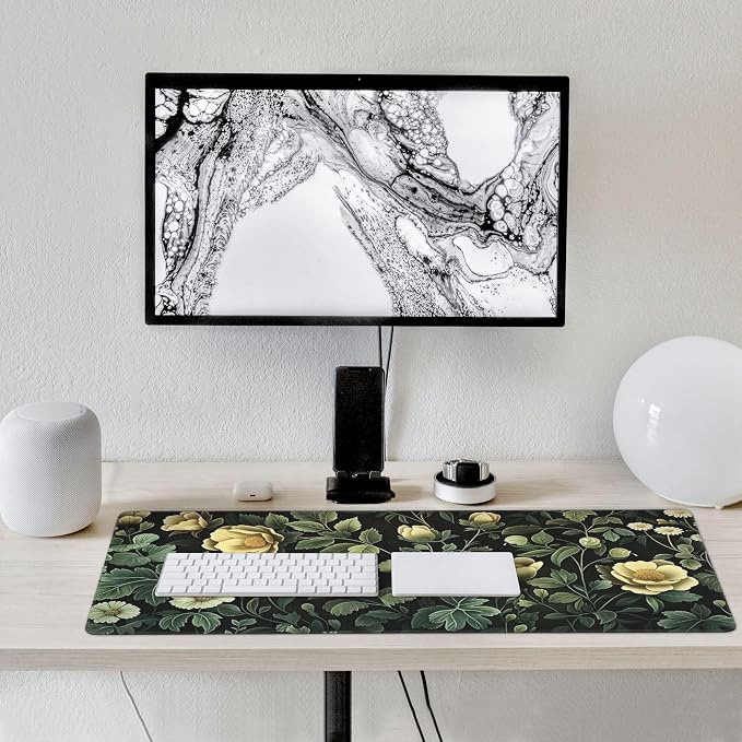 35.4" x 15.7" Dark Botanical Floral Extended Mouse Pad, Vintage Yellow Flower & Green Leaf Desk Mat with Non-Slip Base, Water Resistant for Gaming & Office