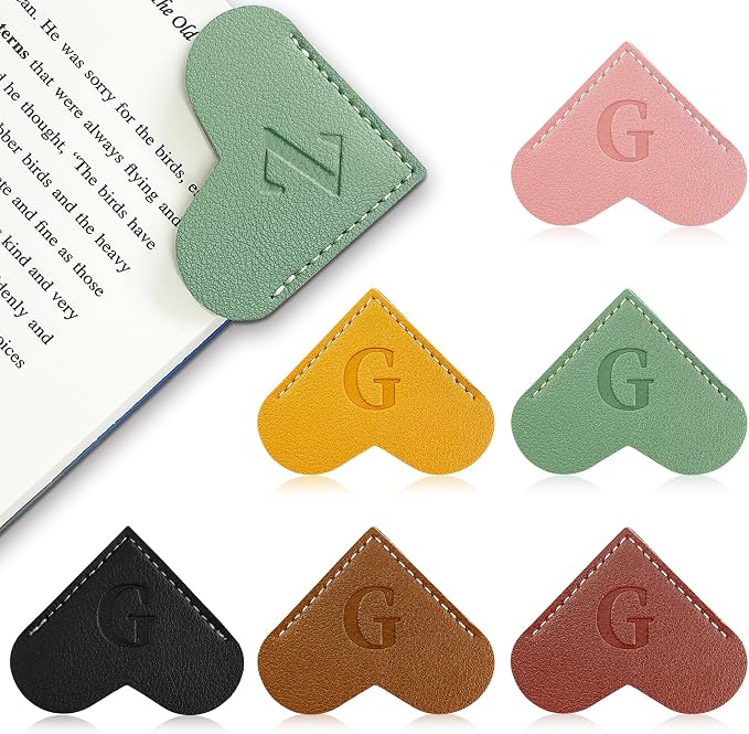 6Pcs Personalized Leather Heart Bookmark with Initial,26 A-Z Letters Cute Corner Book Mark for Reading,Book Page Accessories for Women, Book Lovers, Teachers, Students Gifts
