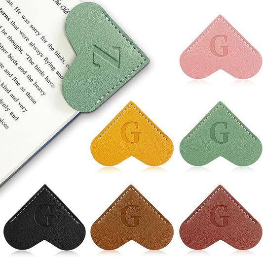 6Pcs Personalized Leather Heart Bookmark with Initial,26 A-Z Letters Cute Corner Book Mark for Reading,Book Page Accessories for Women, Book Lovers, Teachers, Students Gifts
