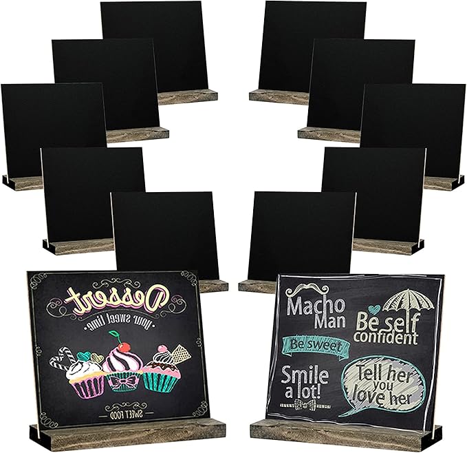 12 Pack Mini Tabletop Chalkboard Sign with Base Stand, 5 X 6 Inch Vintage Wooden, Ideal for Table Numbers, Food Signs, Message Boards, Party Decorations, Event Supplies