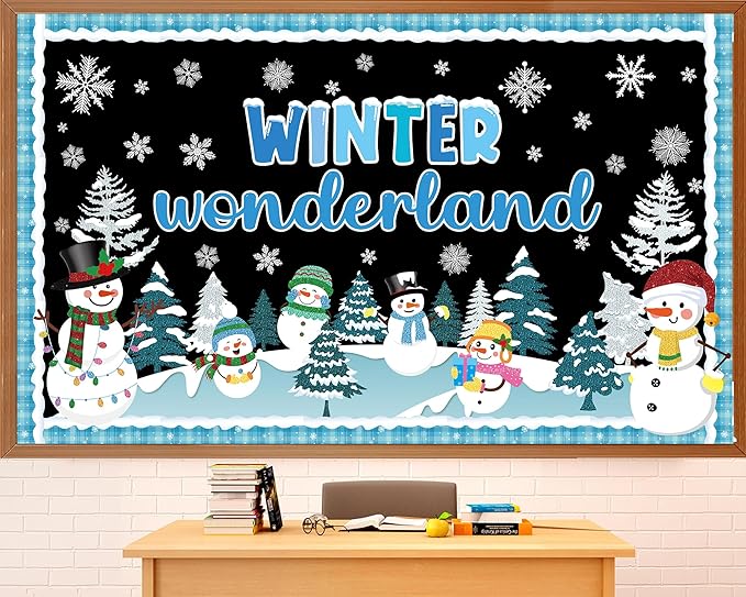 Winter Wonderland Bulletin Board Set Winter Snowman Bulletin Board Christmas Classroom Decorations Snowy Tree Snowflake Cutouts for Xmas Holiday Party School Classroom Home Chalkboard Wall Decor