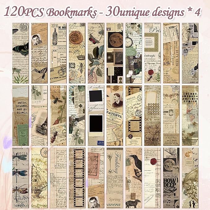 Wxiben Vintage Aesthetic Bookmarks Gifts - 120 Pcs Retro Natural Paper Bookmarks Butterfly Plant Insect Book Marks Page Marker Clip for Women Men Book Lovers Office Bookish Reading Supplies