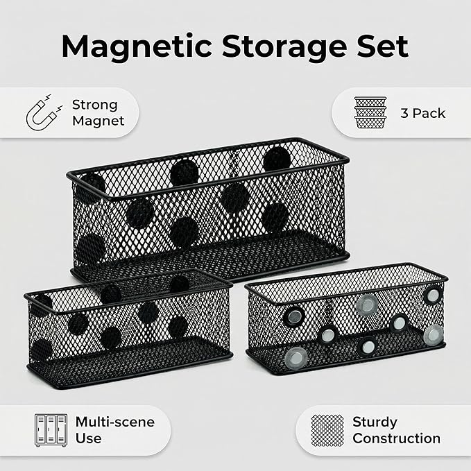 Neudeco Magnetic Locker Organizer and Accessories, Wire Mesh Magnetic Storage Basket, Magnetic Holder for Dry Erase Markers, Strong Magnet Pen Holder for Fridge School, Pack of 3, Black