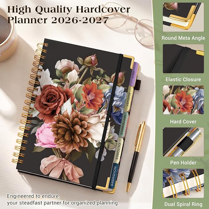 Academic Planner 2026-2027, 18 Months Weekly and Monthly Calendar Planner from July 2026 - December 2027, 7.3" x 10" B5 Large Hardcover Agenda Organizer Book with Tabs, Yearly Daily Planners for School Work Student Teacher, Vintage Bloom Arrangement