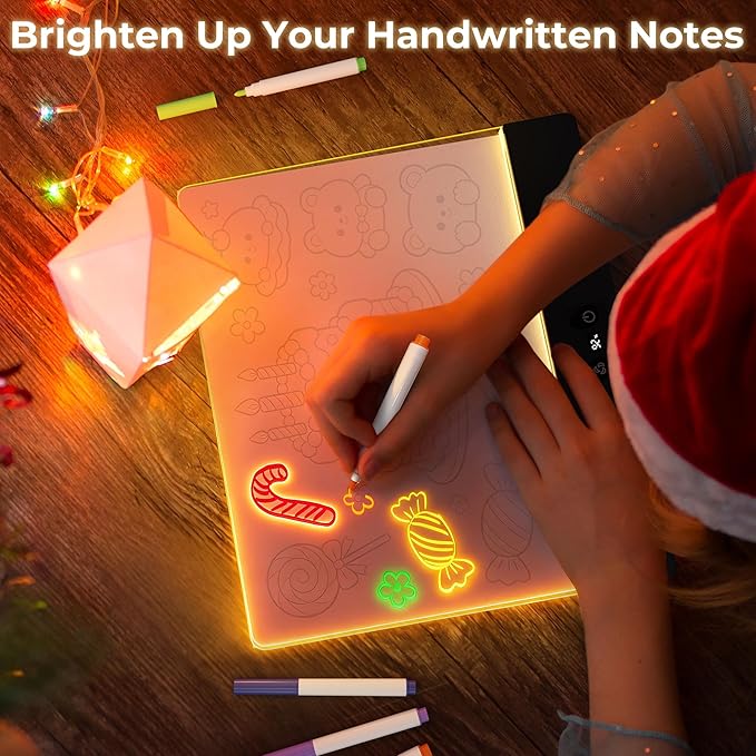 Bawaslom Rechargeable Doodle Glow LED Drawing Board for Kids,11.8"×10.3" Magic Neon Light Up Drawing Tablet,8 Colors & 4 Modes,Built-in Stand Note Board,Creative Toys Gifts for Girls & Boys,Black