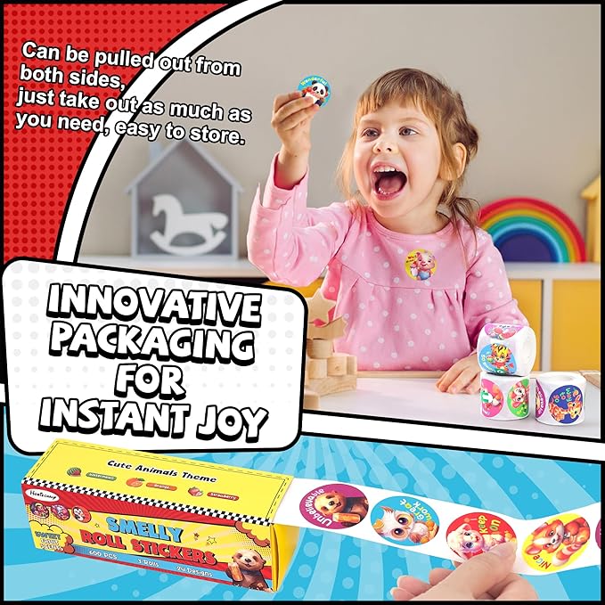HORIECHALY Scratch and Sniff Stickers Rolls, Smelly Animal Stickers with 24 Designs and 3 Fruit Scents, Reward Motivate Stickers for Kids, Teachers, Parents Gift- 3 Rolls, 600 Pcs, 1.58"