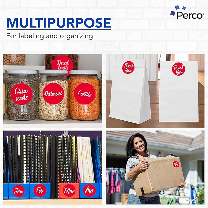 Perco Red 3-Inch Round Circle Dot Sticker Labels with Easy Peel Perforation - 500 Labels per Roll - Strong Adhesion, Vibrant Colors for Organizing, Crafting & More - Made in USA