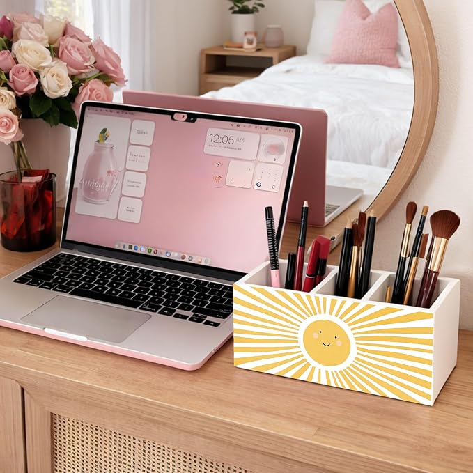 Cute Sun Desk Organizer, Wooden Pen Holder with Smiling Sun Design, Office Desk Accessories, Pencil Holder for Home, Study, School Supplies