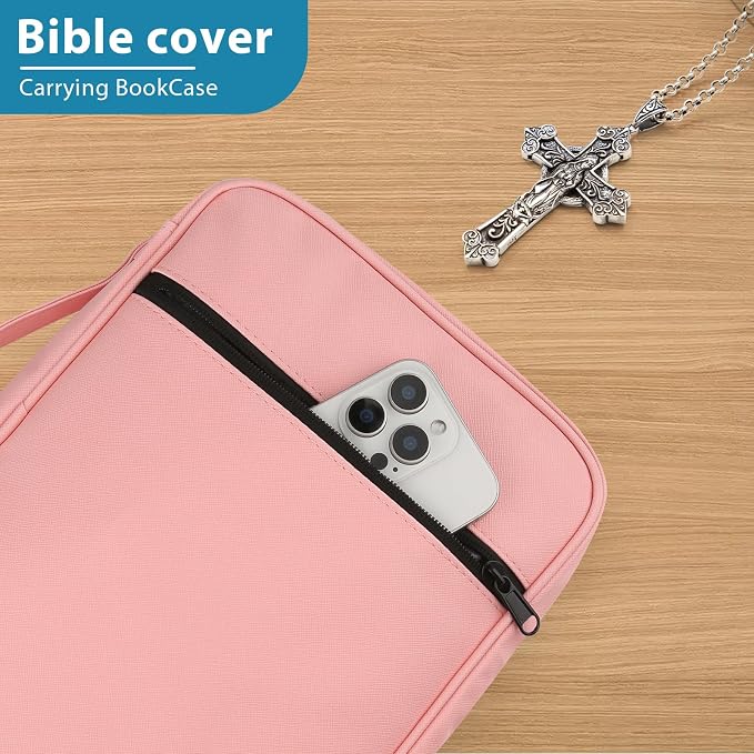 CDBXPRG Bible Cover, Bible Carrying Book Case for Women,Protective Church Organizer Holder Bag with Handle Pockets,Christian Gift for Girls Boy and Men Pink