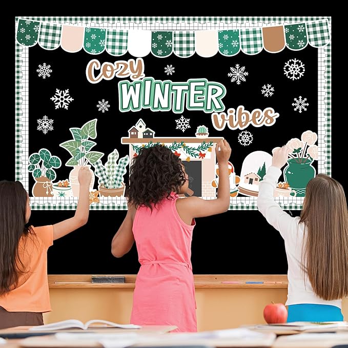 Justforjoyful Christmas Bulletin Board Decorations Winter Fireplace Cutouts Snowflake Gingerbread Bulletin Board Set Xmas Tree Plant Classroom Decor for Holiday Home School Wall Christmas Party Supply