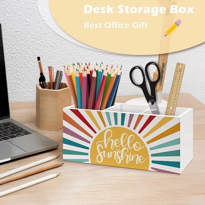 Boho Hello Sunshine Pen Holder Organizer Desk Decor, Boho Classroom Decor, Colorful Sunshine Sunrise Sunset Wooden Pen Pencil Holders for Kids Room Classroom Home Office Desk Accessories