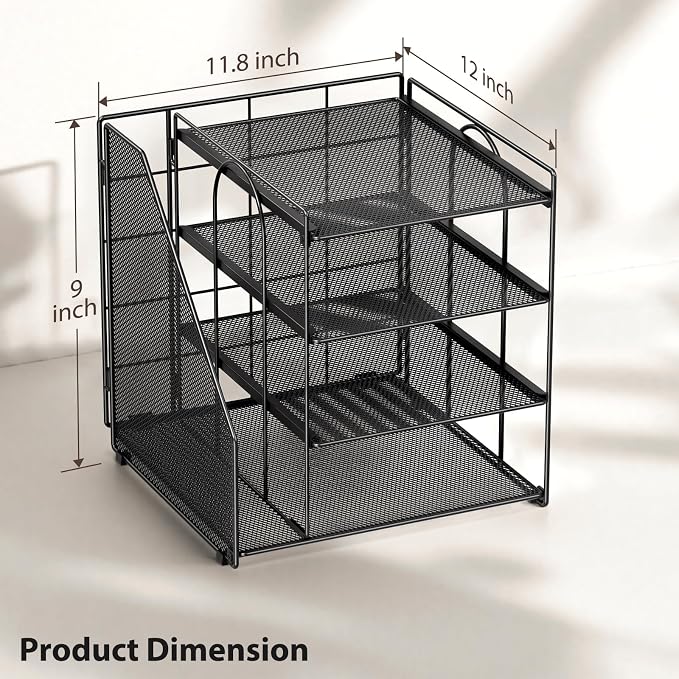 Desk Organizer, 4-Tier Metal File Organizer for Desk with Vertical File Holder, Office Accessories and Desktop Storage for Office Supplies (Black)