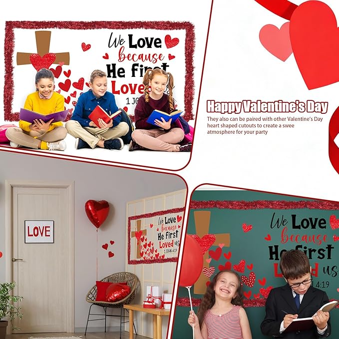 Fuutreo 44 Pcs Valentine's Day Christian Bulletin Board Decor We Love Because He First Loved Us Christian Jesus Bulletin Board Religious Heart Cutouts with Tinsel Twist Garland for Valentine Decor