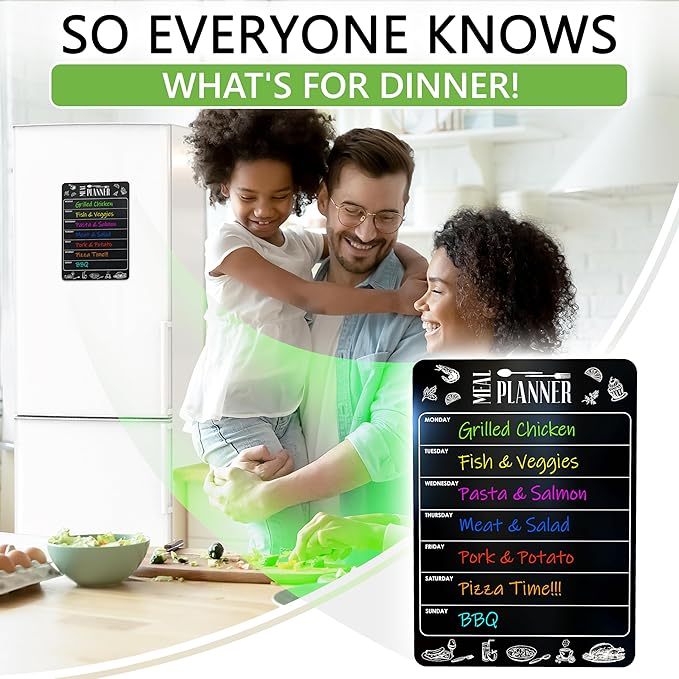 Weekly Dinner Menu Board for Kitchen A4-8.5x12 Black Magnetic Weekly Meal Planner for Fridge Dry Erase Weekly Menu Boards Magnetic Menu for Refrigerator Food Menu Boards Week Chalkboard Menu Board