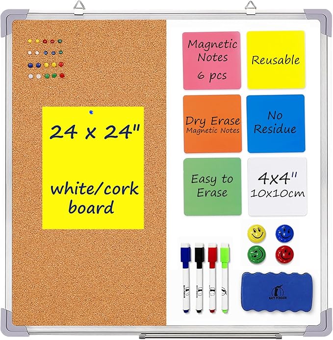 Cork Board White Board Combo 24 x 24 in – Wall Hanging Dry Erase and Bulletin Board with Markers, Magnets, Thumb Tacks & Reusable Magnetic Notes – Reminder Board Organizer for Home and Office