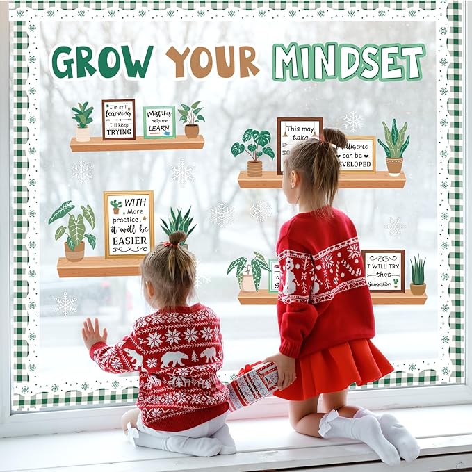 Pasimy Winter Growth Mindset Bulletin Board Plant Motivational Classroom Decorations January Bulletin Board Set Inspirational Bookshelf Greenery Cutouts for Holiday Office Library Wall Door Supplies