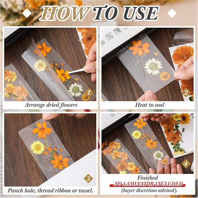 Fuyoooo 376 Pcs Dried Flower Bookmark Making Kit, DIY Bookmark Laminating Pouches with Tassels and Puncher, Handmade Craft Kit for Women, DIY Gifts for Book Lovers (Orange Yellow,2 x 6 Inch)