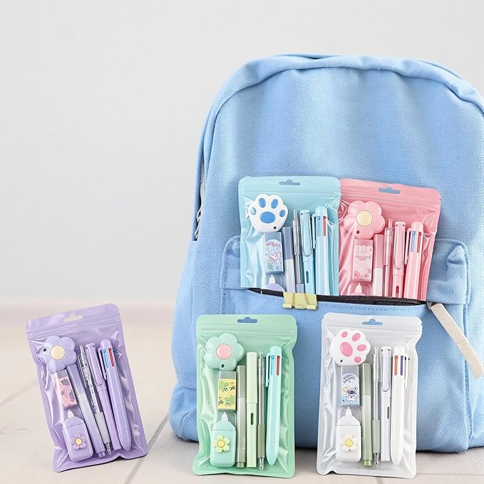 Sayglossy 5 Sets 7 Pcs Kawaii Stationery Set Cute Stationery Mini Office Supply Kit Cute School Supplies Including Ballpoint Pens Pencil Sharpener Highlighter Correction Tape Ruler Utility Knife