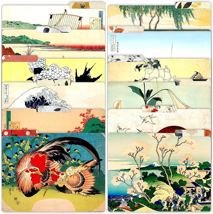 PARTH IMPEX 12 Pack Decorative Hokusai Floral File Folders, 1/3 Cut Tab with Assorted Positions, Letter Size Paper Holders (9.37” x 11.75”) Matte Finish Laminated, Cute Fancy Folder